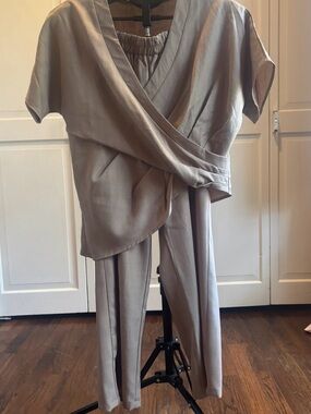 Beige Wrap-Front Pant Travel Set